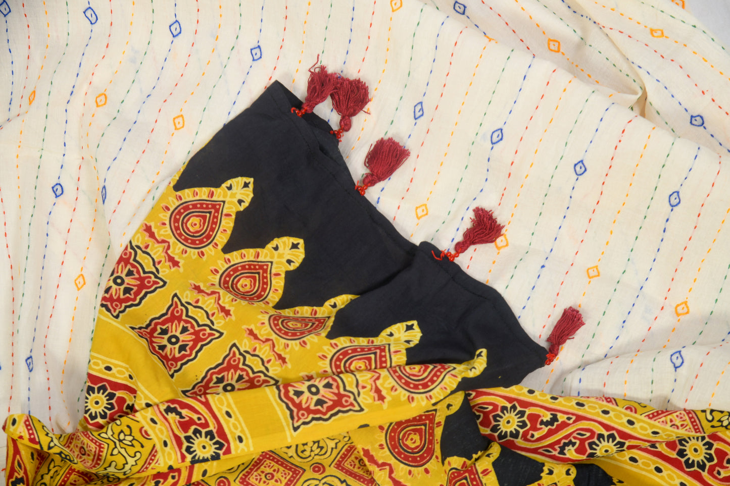 Desert hues Ajarakh white and yellow cotton dupatta