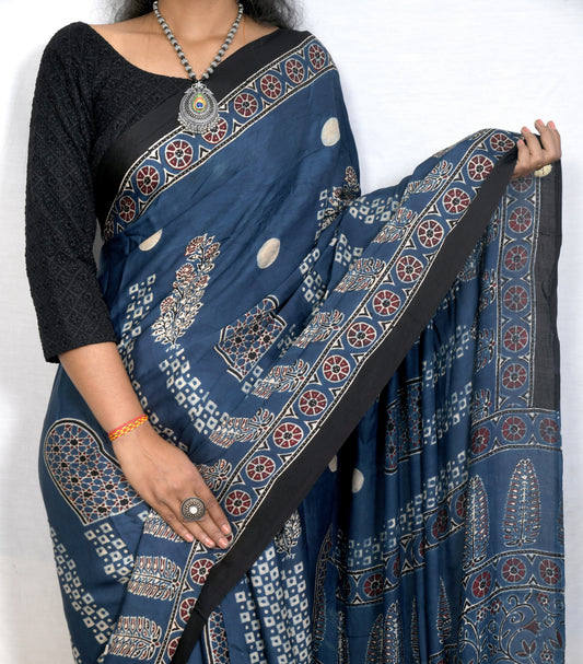 "River Blue – Indigo Ajrakh Saree with Traditional Motifs"