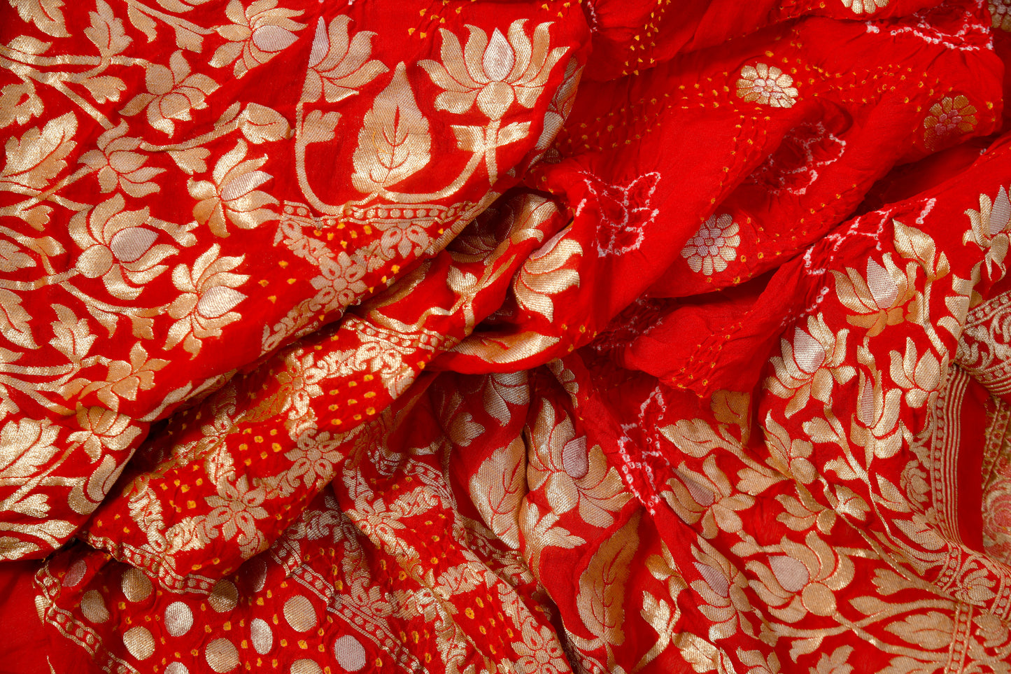 Handloom Red Khaddi Georgette Rai Bandhej Dupatta with Tested Zari – Traditional Artistry