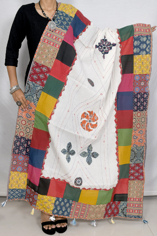 Earthy touch Ajarakh Multi patch cotton dupatta