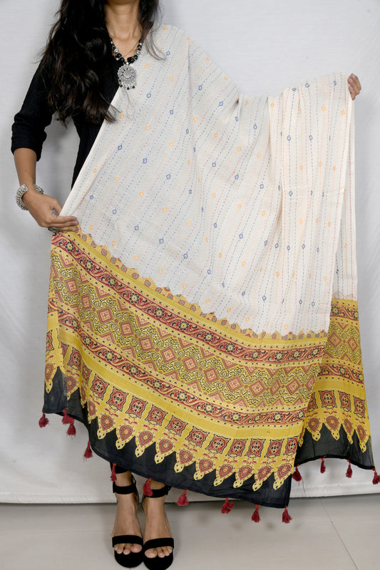 Desert hues Ajarakh white and yellow cotton dupatta