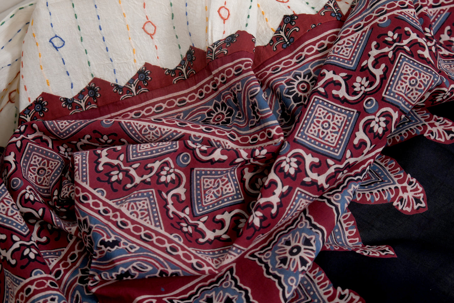 Regal wrap Ajarakh white and maroon cotton dupatta