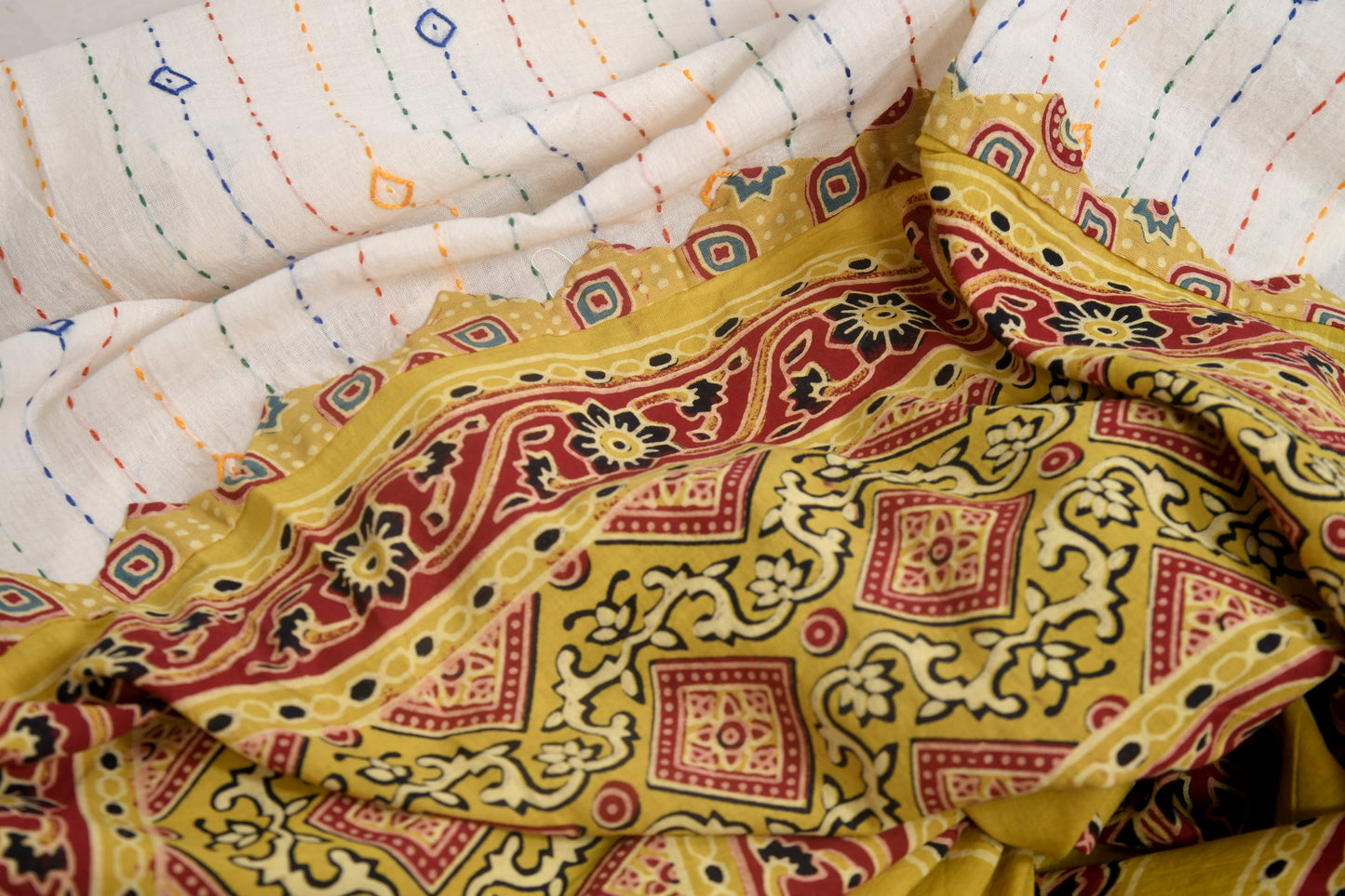 Desert hues Ajarakh white and yellow cotton dupatta