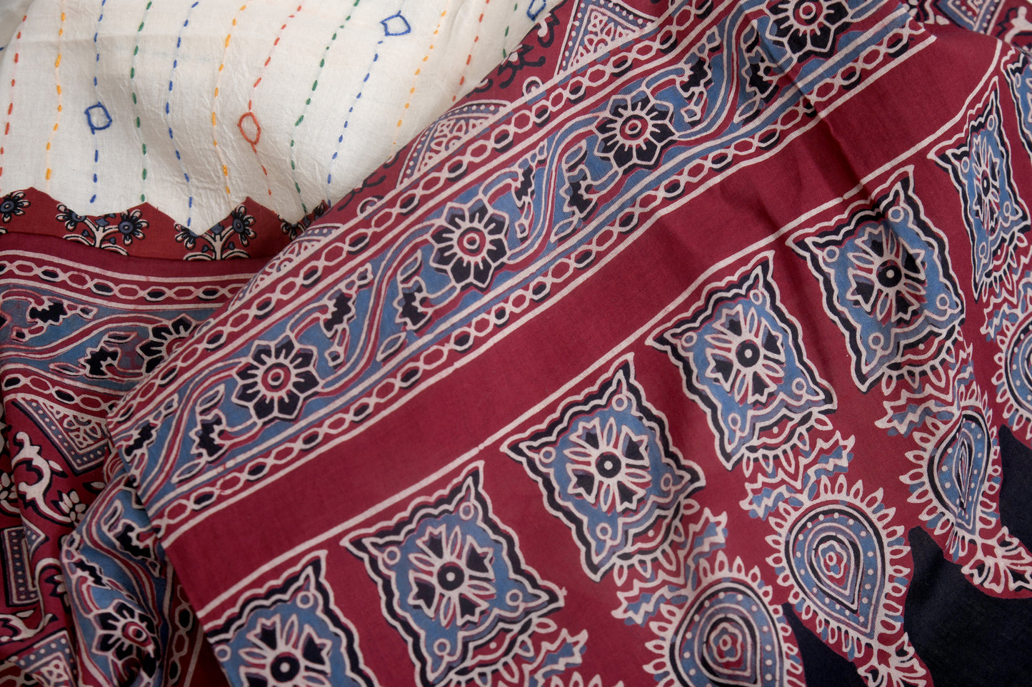 Regal wrap Ajarakh white and maroon cotton dupatta