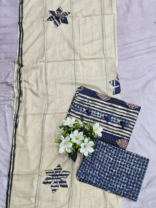 Premium cotton Ajarakh Block Print Blue kurta -dupatta Material